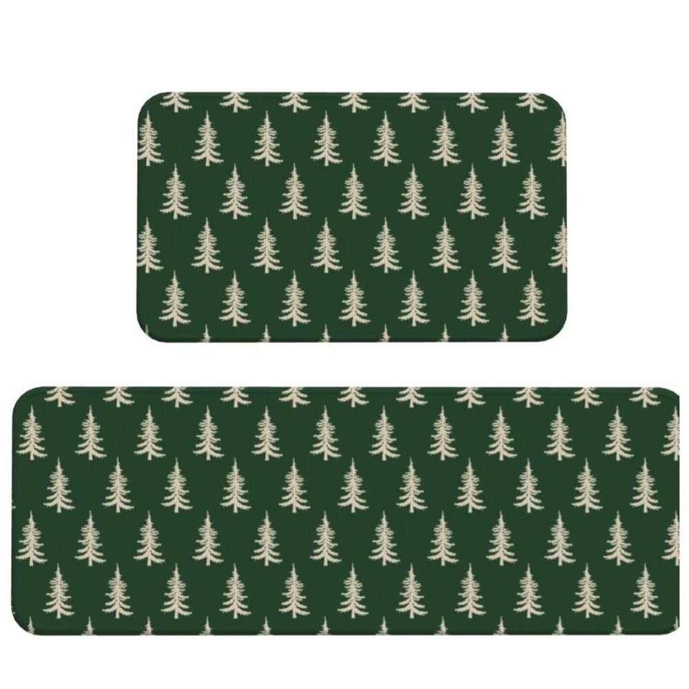 Forest Green Christmas Kitchen Mats Set of 2 Cream Xmas Tree Print Winter Hol...